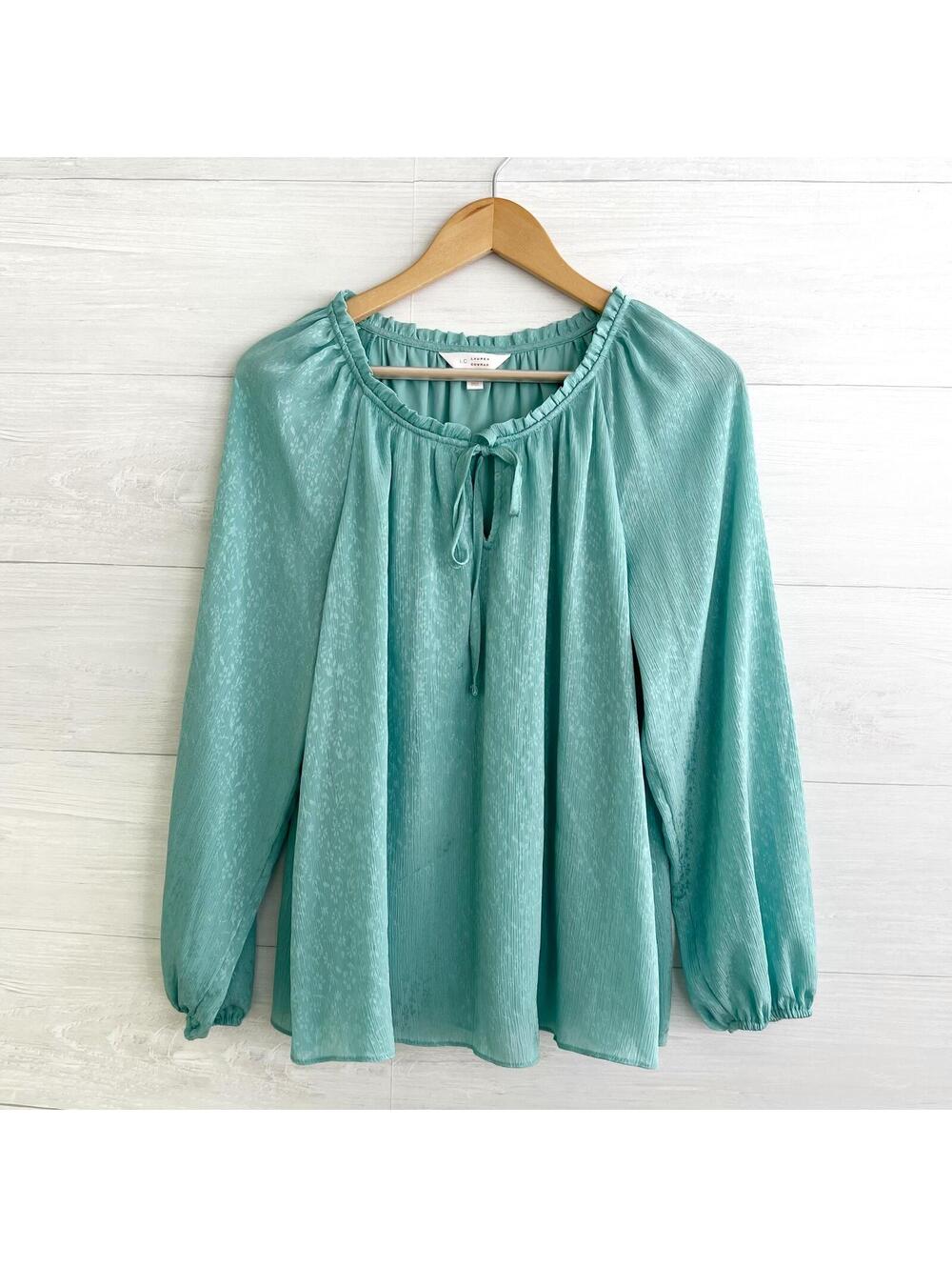 LC Lauren Conrad - Pale green floral long sleeve tie neck top, M
